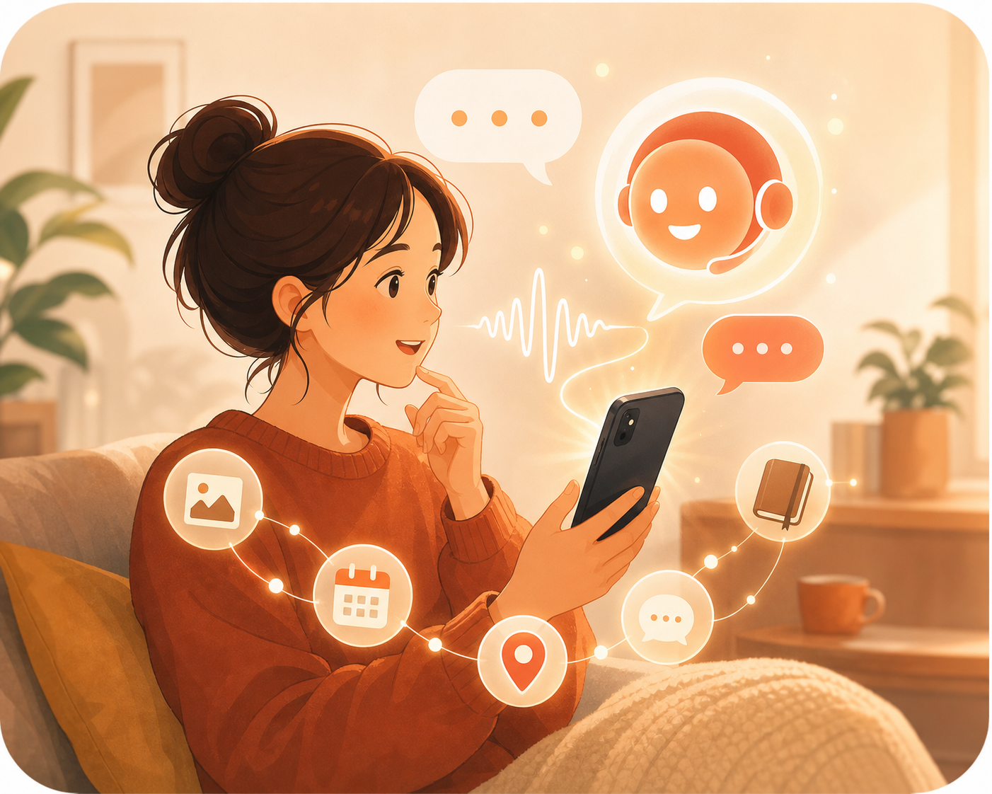 スマートフォンを持つユーザーがDailyTwinのAIエージェントと会話しているイラスト