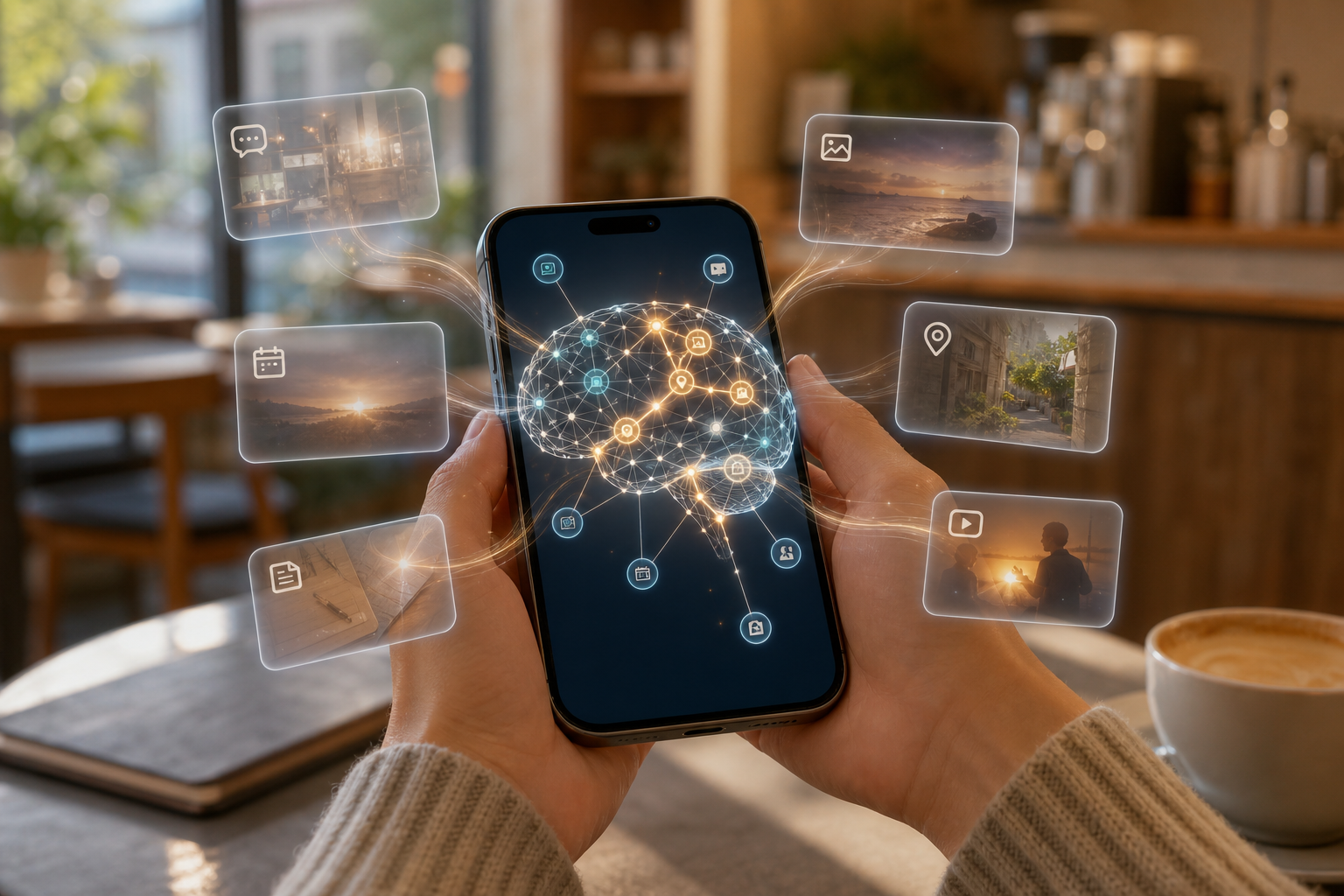 カフェで手に持ったスマートフォンの画面に脳型の記憶グラフが表示され、関連する記憶だけが光っているイメージ