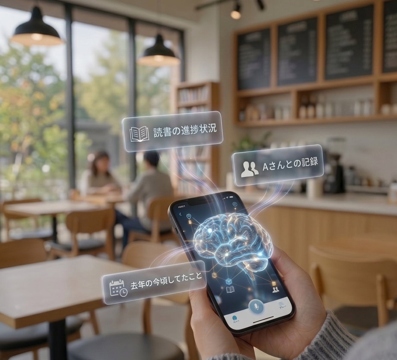 カフェで手に持ったスマートフォンの画面に脳型の記憶グラフが表示され、関連する記憶だけが光っているイメージ