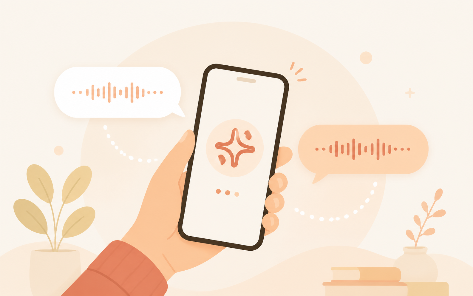 スマートフォン上のAIエージェントと音声で会話しているイラスト